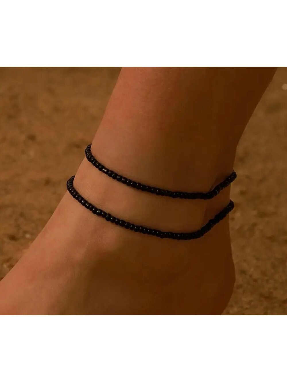 New - Boho Style - 2pcs/Set Black Mini Rice Beads Beaded Anklet Set
